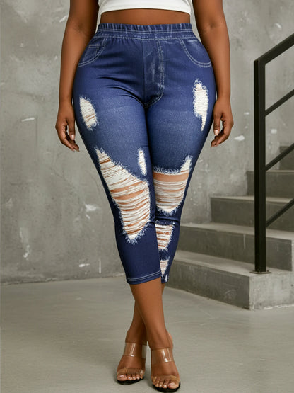 Plus Size Curvy Women Elastic Waist Capri Leggings Faux Denim Distressed Ripped Print Casual Cropped Pants For Walking Shopping