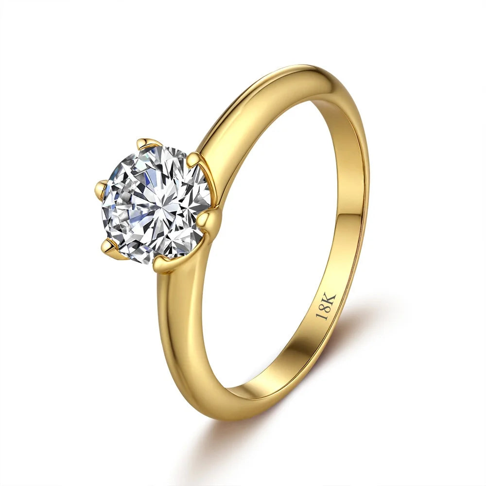 CKT Real 18k Gold Six-claw Rings for Women 6.5mm Round 1ct D Color Diamond Moissanite Fine Jewelry Wedding Bands Ring
