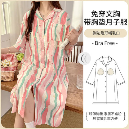 Plus Size Bra Free Nightgown Summer Cloud Cotton Short-sleeved Maternity Home Dress Loose Postpartum Breastfeeding Loungewear