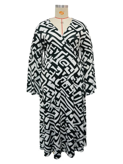Plus Size Dresses for Women V Neck Elegant Lady Print Loose Sexy Flared  Long Sleeve Fall Maxi Dress Wholesale Dropshipping 2024