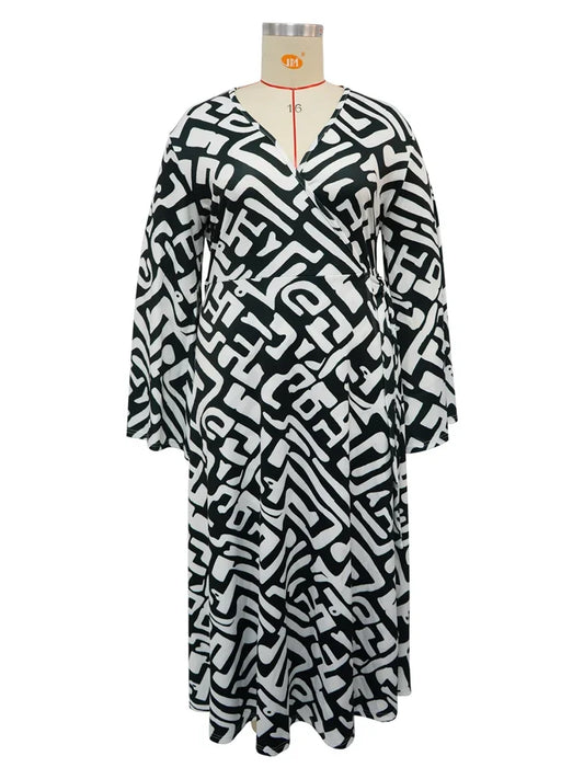 Plus Size Dresses for Women V Neck Elegant Lady Print Loose Sexy Flared  Long Sleeve Fall Maxi Dress Wholesale Dropshipping 2024