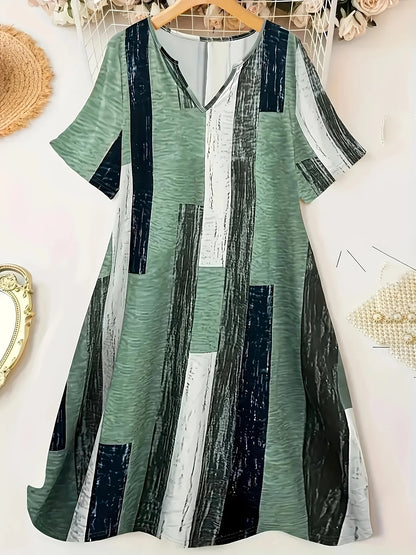 Women's Plus-Size Casual V-Neck Short-Sleeve Dress With Contrasting Stripes, Made of Polyester Knit Fabric, Straight Cut, Mid-Le