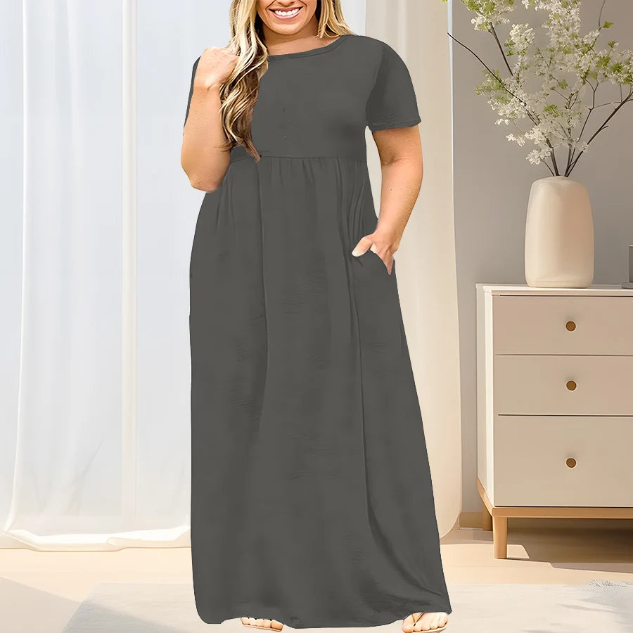 2024 New Women's Plus Size Casual Summer Dress - A-Line Short Sleeve Round Neck Maxi Dress, Machine Washable Solid Color Breatha