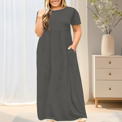 2024 New Women's Plus Size Casual Summer Dress - A-Line Short Sleeve Round Neck Maxi Dress, Machine Washable Solid Color Breatha