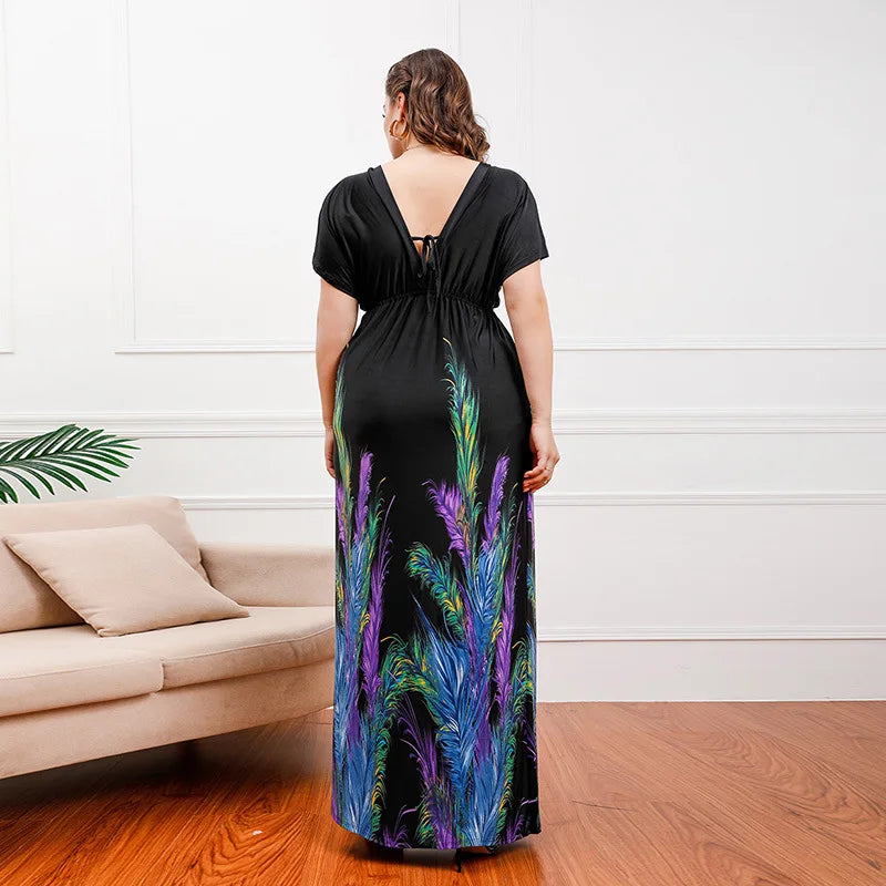 Casual Short Sleeve Plus Size Dress For Women Summer Print V Neck Long Dress Ladies Elegant Backless Ruffle Bohemian Dresses