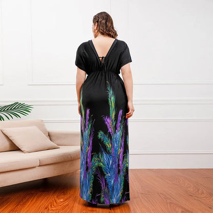 Casual Short Sleeve Plus Size Dress For Women Summer Print V Neck Long Dress Ladies Elegant Backless Ruffle Bohemian Dresses