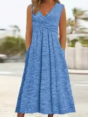 Plus Size Women's Casual V-Neck Short Sleeve A-Line Dress - Blue and White Abstract Print, Breathable Summer Evening Dress, Mach