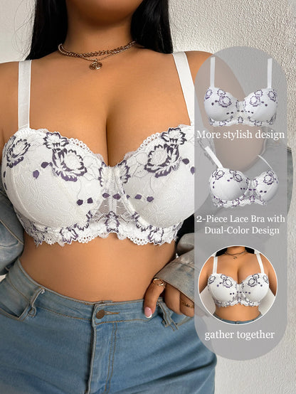 Plus Size Lace Women's Bra BCD Thin Cup Floral Embroidered Push up Bra Side Support Comfortable Underwire Lingerie Bra Women
