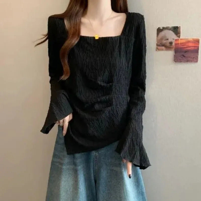 Plus Size Women Autumn Square Neck Long Sleeve Top Flare Sleeve Textured Slim Fit Undershirt T Shirt for Curvy Girls