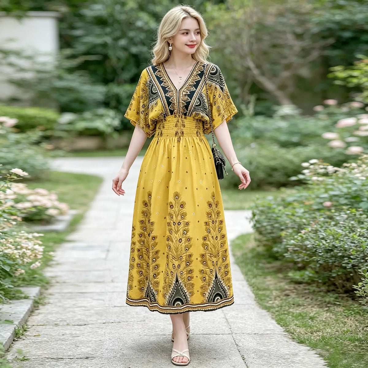 Plus Size Elegant Party Woman Midi Dresses Casual Retro Ethnic Style V-neck Tunic Large Swing Floral Printed Long Skirt Holiday