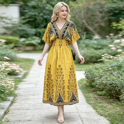 Plus Size Elegant Party Woman Midi Dresses Casual Retro Ethnic Style V-neck Tunic Large Swing Floral Printed Long Skirt Holiday