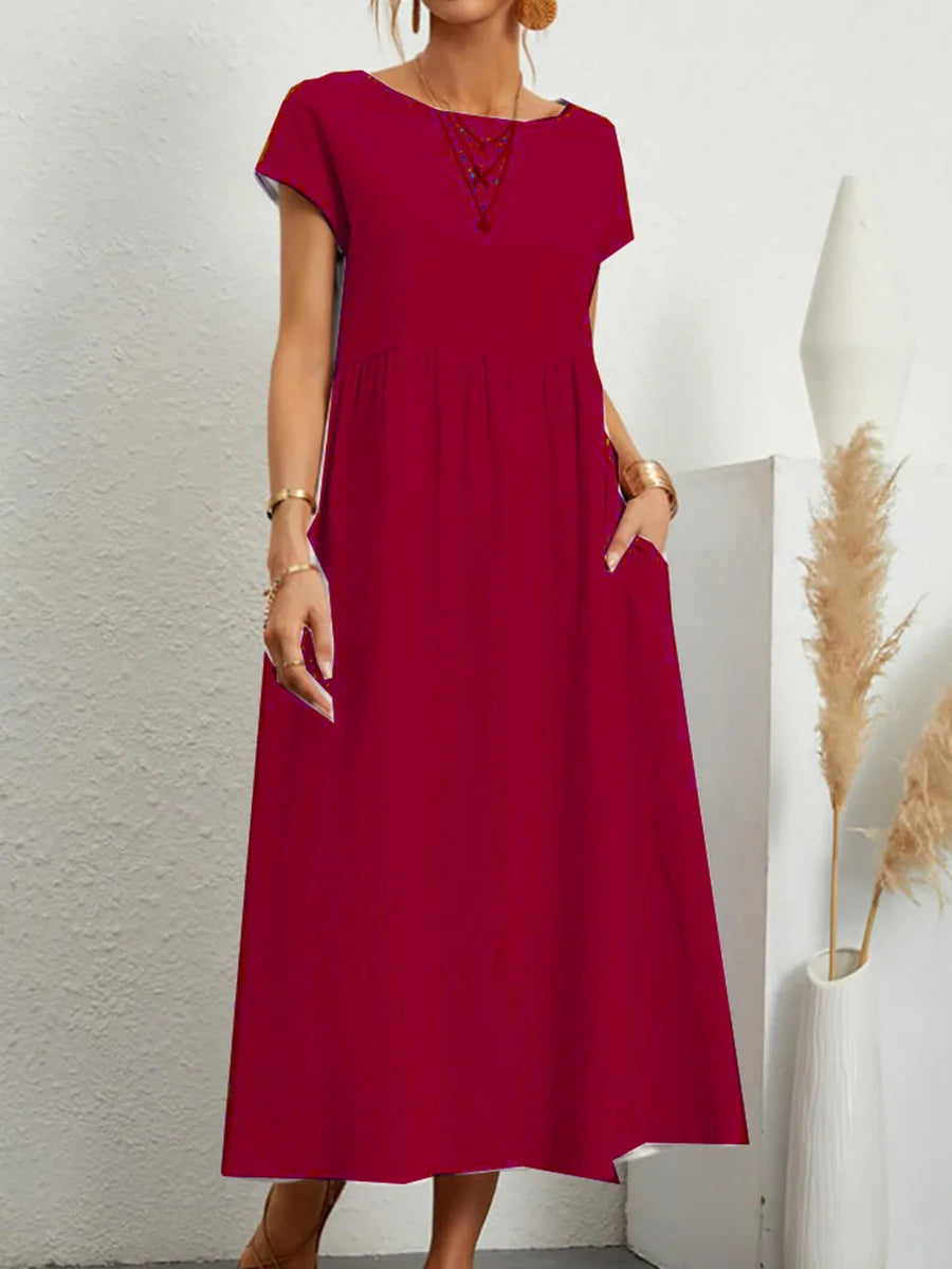 Women Plus Size A Line Midi Dress Round Neck Short Sleeve Solid Color Pleated High Waist Pockets Outfits Women's Casual Dresses