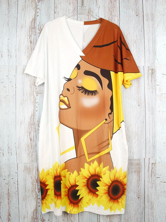 Plus Size Cartoon Woman & Flower Print Dress Casual V Neck Short Sleeve Dress For Spring & Summer Women's Plus Size Clothing