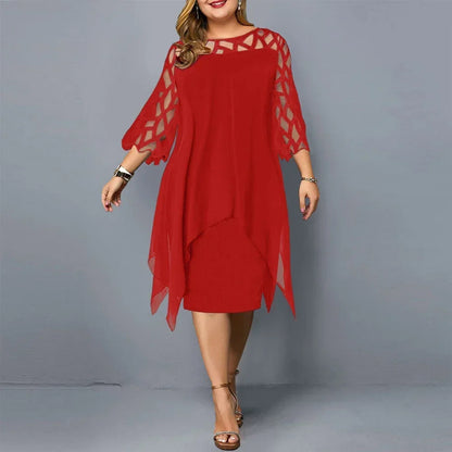 Elegant Women Party Dress Plus Size Evening Dresses Hollow Out Lace Sleeve Monochrome Irregular Hem Chiffon Dress