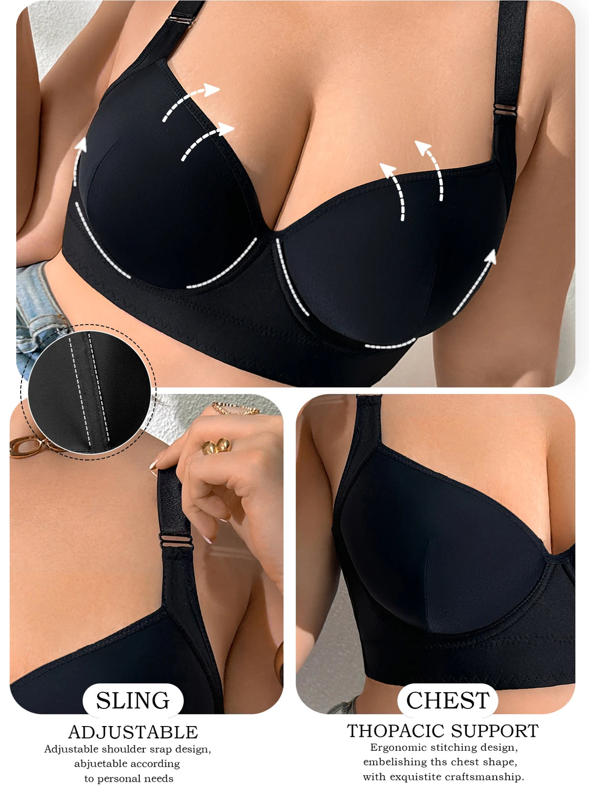 Women Breast Lift Push Up Bra Wide Adjustable Straps Shaping Anti-Sagging Side Gather Support Large Full Cup Comfortable Bra