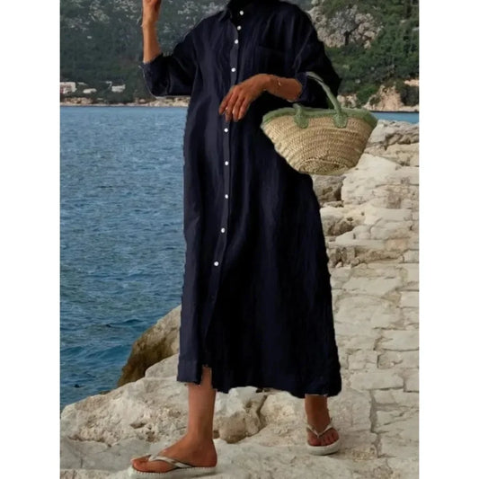 Women's L-5XL Plus Size Cotton Oversized Commuting Casual Solid Color Long Dress with A Lapel Collar Long Sleeves Loose Cardigan
