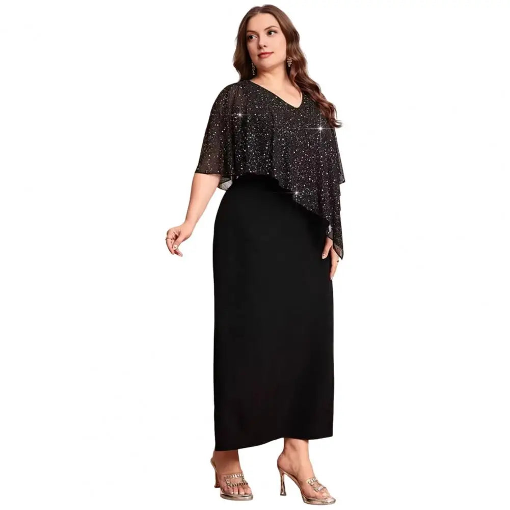 2026 Women Plus Size Dress O-neck Midi Loose Dress Lady Evening Chiffon Sequin Sexy Elegant Dress Female Clothing Summer Autumn