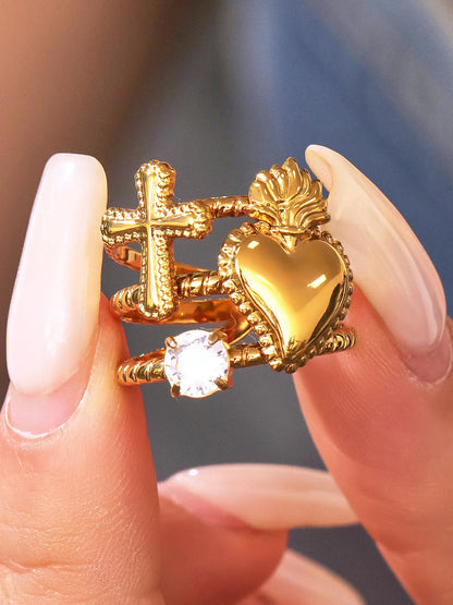 Cute Love Heart Rings for Women Waterproof Stainless Steel Gold-plated White Zirconia Ring Daily Jewelry Accessories