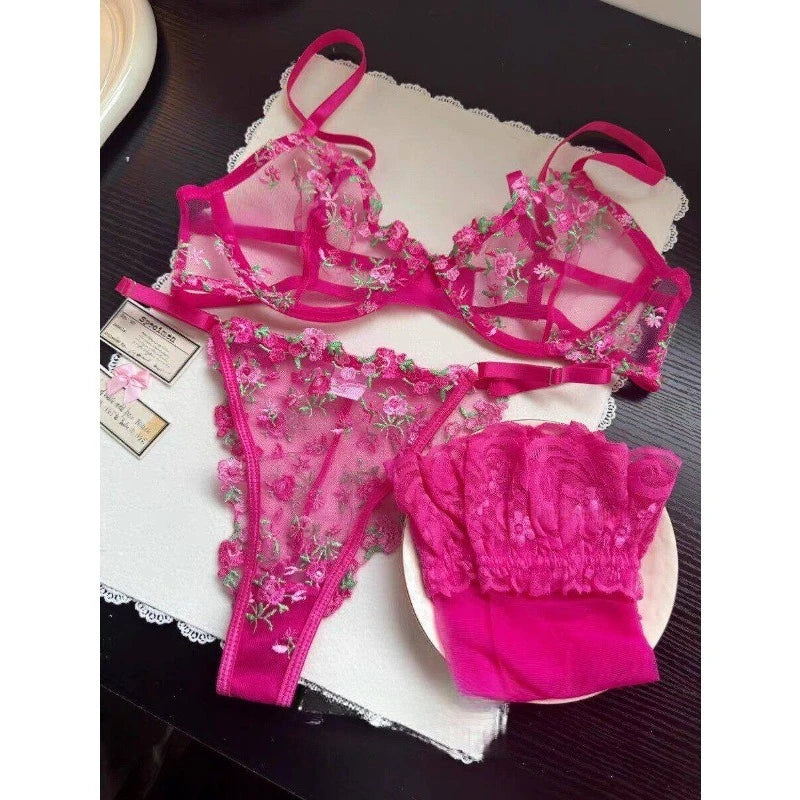 European Women Alluring Sheer Lace Embroidery Underwire Bra, Big Bust Support Minimize Anti‑Sagging Soft Lingerie S‑XL  Bra Set