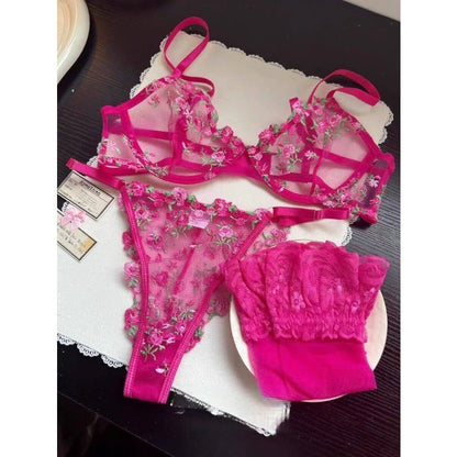 European Women Alluring Sheer Lace Embroidery Underwire Bra, Big Bust Support Minimize Anti‑Sagging Soft Lingerie S‑XL  Bra Set