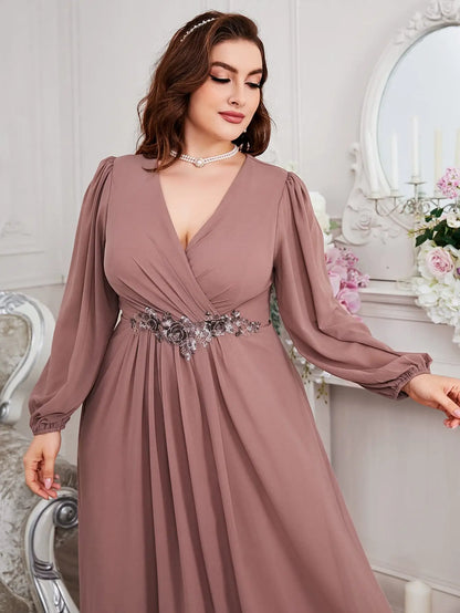 Plus Size Women V-Neck Long Sleeve Chiffon Dress Waistline Pleated Lantern Sleeve Decorated Bead Strip Long Gown Evening Dress