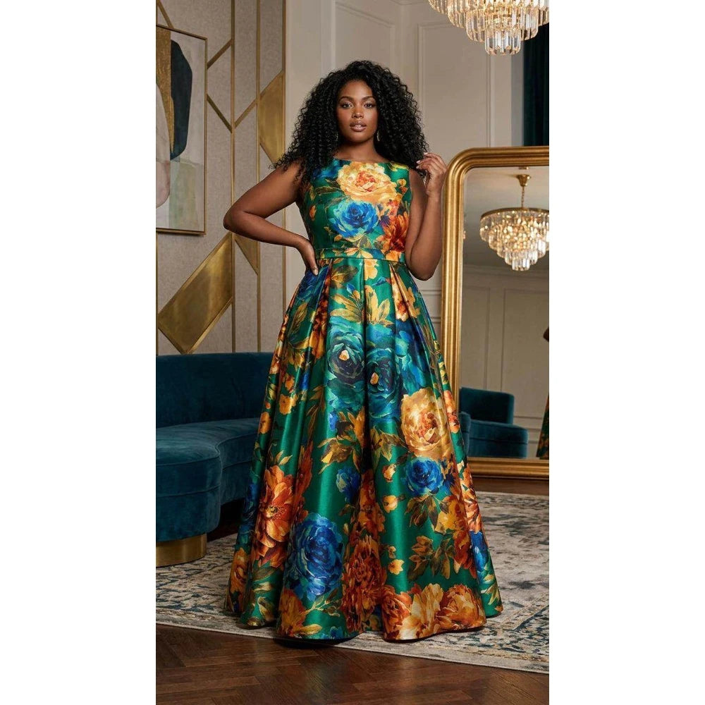 Plus Size Floral Print Maxi Dress Women Round Neck Sleeveless A Line Flared Formal Gown With Pleated Waist For Wedding Guest Eve