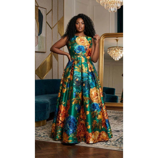 Plus Size Floral Print Maxi Dress Women Round Neck Sleeveless A Line Flared Formal Gown With Pleated Waist For Wedding Guest Eve