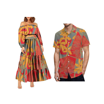 New Fashion Custom Plus Size Lady Full Sleeve Off Shoulder Crop Top and Long Pleated Skirt Samoan Polynesian Dress Women 2pcs
