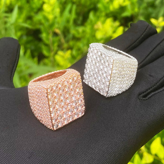 Aokaishen Iced Out Square Ring for Men Real Gold Plated Cubic Zirconia Hip Hop Jewelry