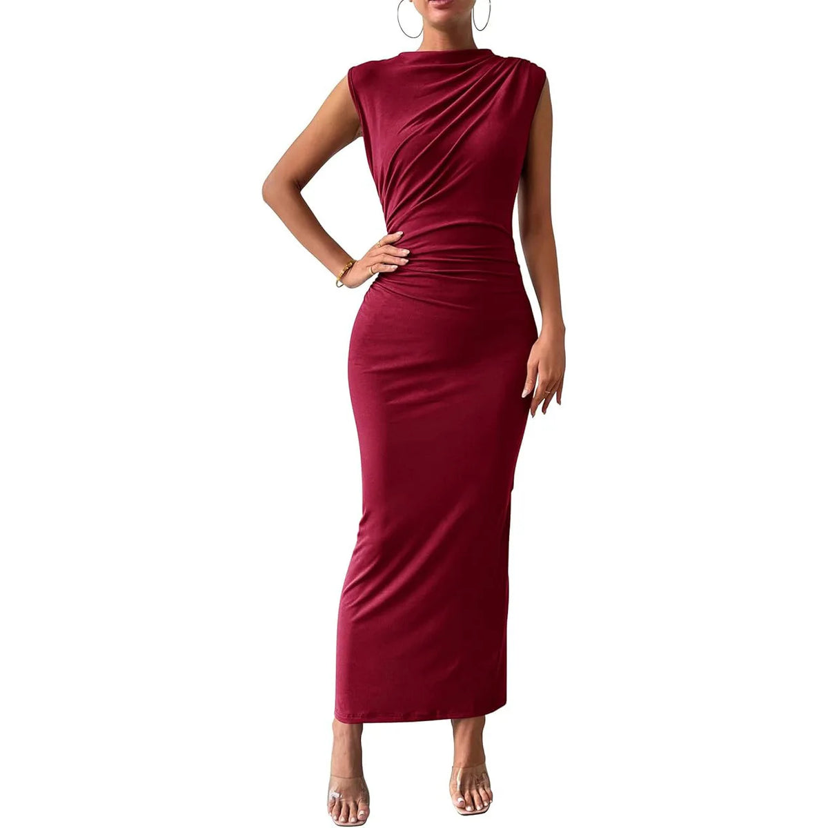 Women Plus Size Elegant Ruched Bodycon Dress Euro Sexy Sleeveless Layering Stretchy Coat Inner Party Outfit Fashion Basic Dress