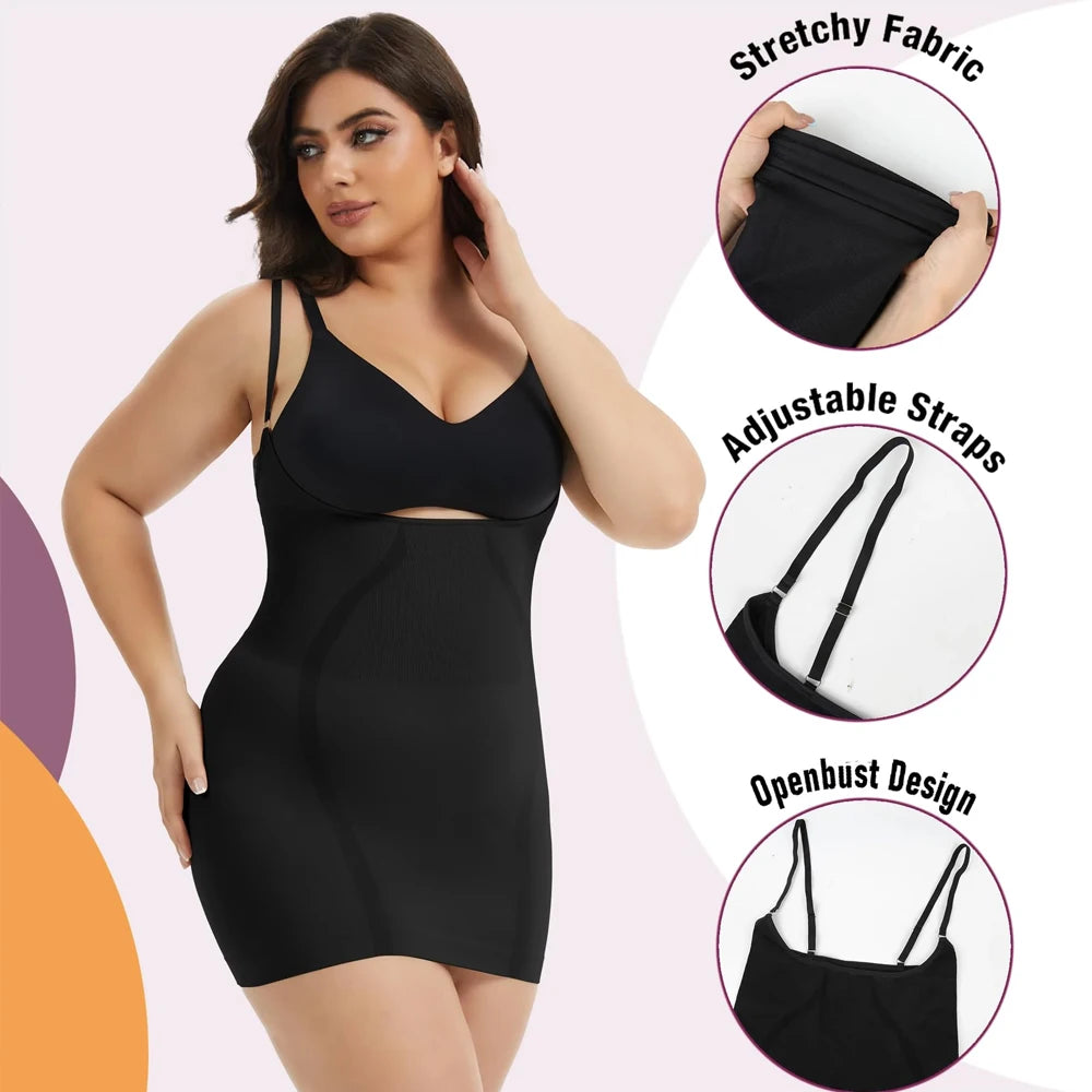 Plus Size Shapewear Dress for Women Tummy Control Open Bust Full Slip Under Dresses Body Shaper Slip Adjustable Strap New