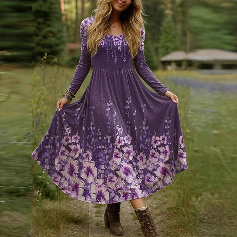 Plus Size Women Dress Boho O Neck Long Sleeve A-line Party Dresses For Women Spring Autumn Flower Printed Long Dress