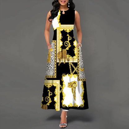 Women Plus Size Casual Retro Long Dress with Pockets Floral Print Swing Dress