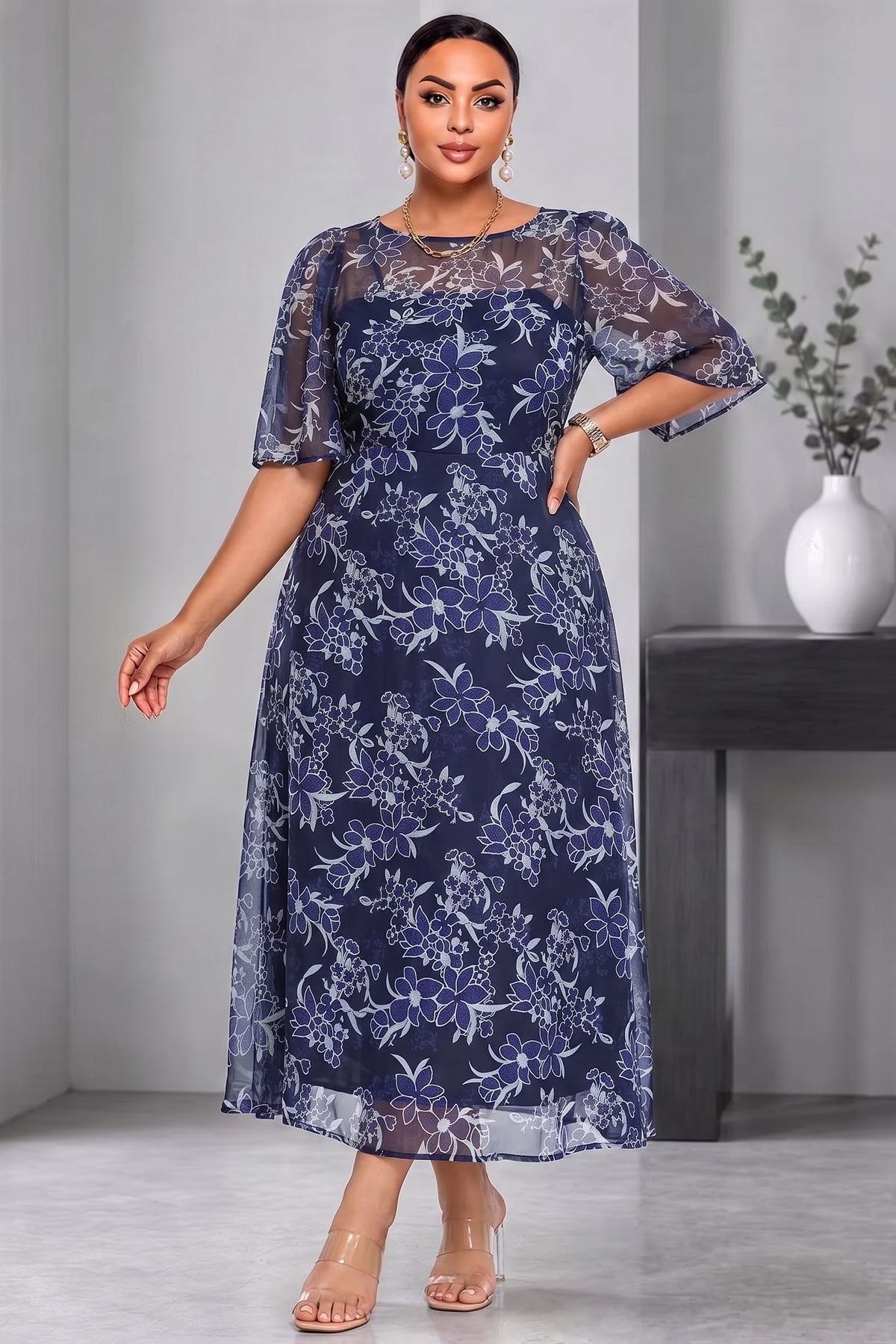 Plus Size Navy Floral Chiffon Midi Dress Round Neck Short Sleeve Flowy Dress Women Casual Summer Elegant Wedding Guest Dress