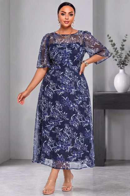 Plus Size Navy Floral Chiffon Midi Dress Round Neck Short Sleeve Flowy Dress Women Casual Summer Elegant Wedding Guest Dress