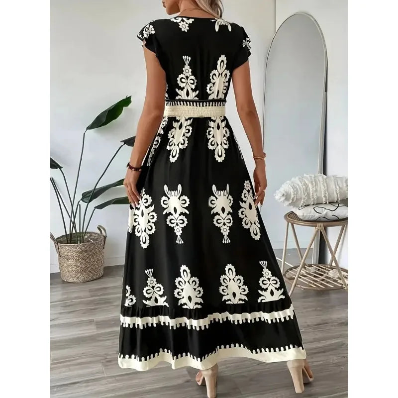 Plus Size New Women Fashion Floral Print V-Neck A-Line Dress with Ruffled Cap Sleeves Ladies Elegant Print Loose Summer Dress