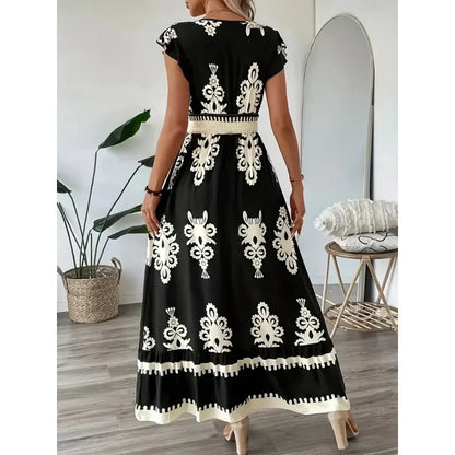Plus Size New Women Fashion Floral Print V-Neck A-Line Dress with Ruffled Cap Sleeves Ladies Elegant Print Loose Summer Dress