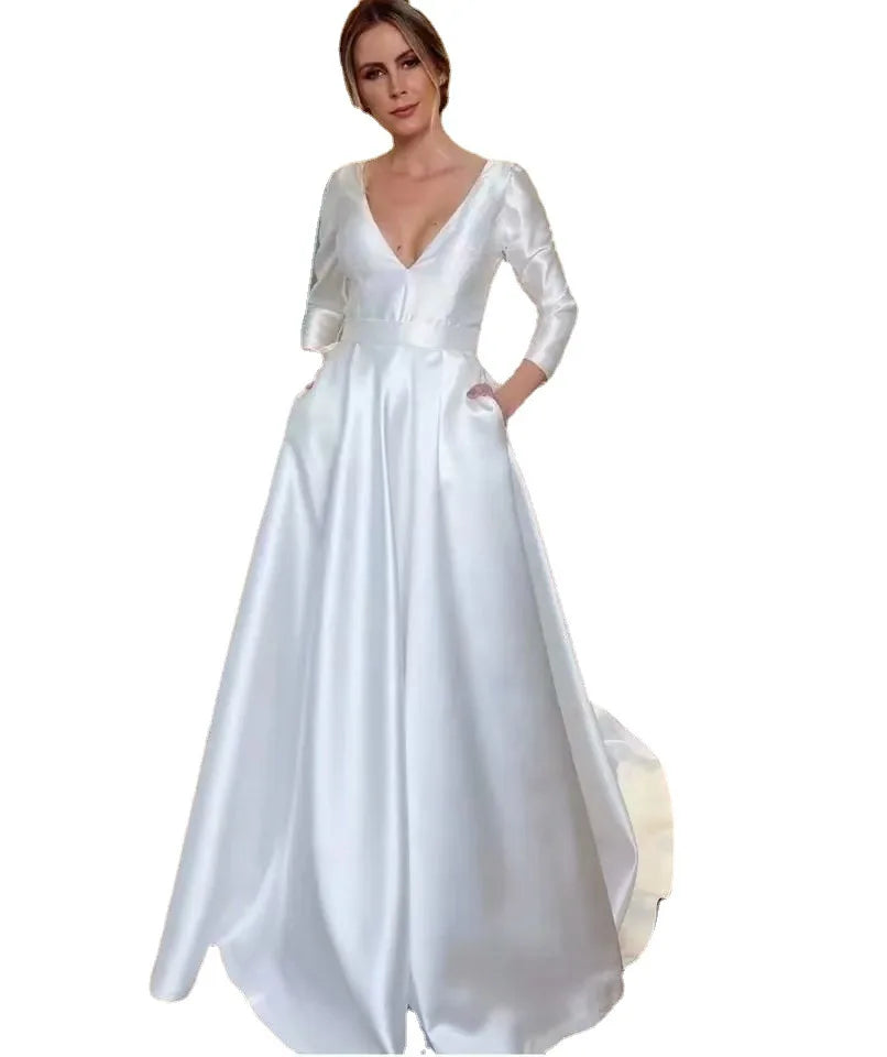 Plus Size Wedding Dress 3/4 Sleeve V-Neck Elegant Dresses For Bridal Gown Backless Vestido De Noiva