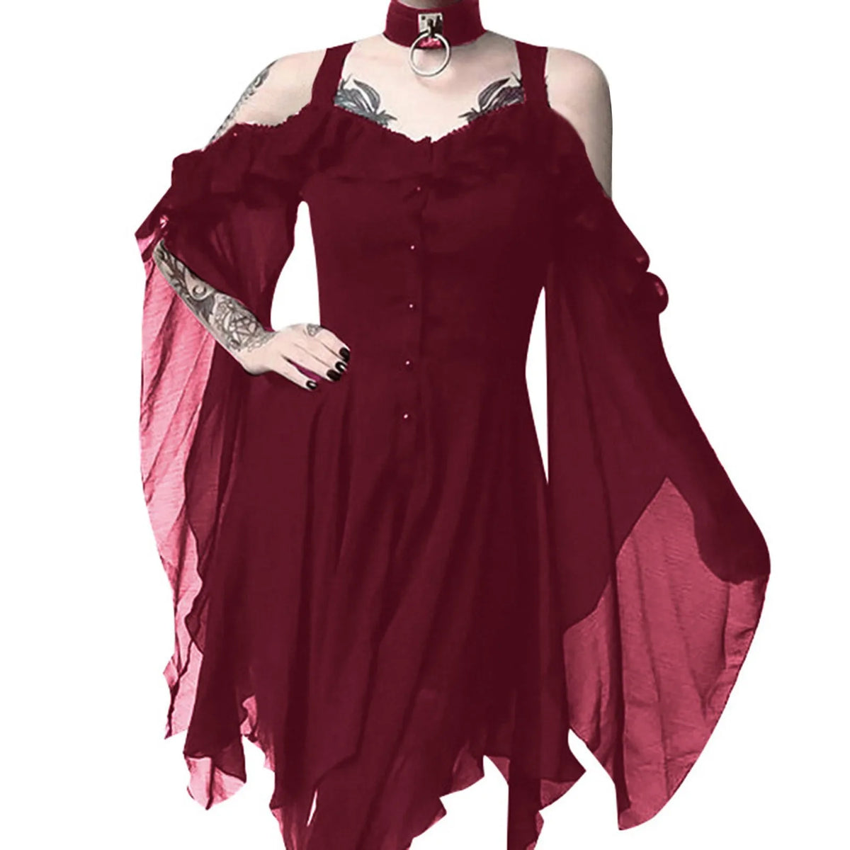 2024 Women Plus Size Fashion Dew Shoulder Gothic Ruffled Sling Dress Irregular Dress（S-5XL) Vintage Punk Harajuku Lolita Clothes