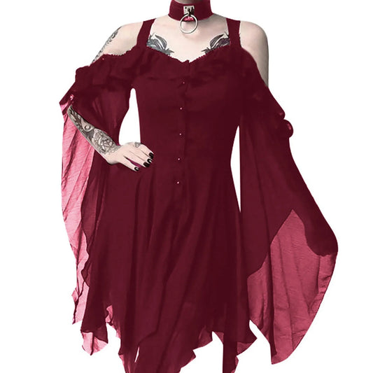 2024 Women Plus Size Fashion Dew Shoulder Gothic Ruffled Sling Dress Irregular Dress（S-5XL) Vintage Punk Harajuku Lolita Clothes