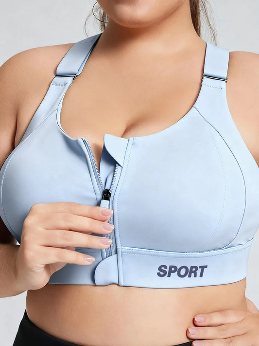 Women's Plus-Size Sports Bra, Lotus Pink, Zip-Up Closure with Lift-Up Design, Adjustable Support, Fixed Cups, Can Be Worn as Outerwear, Medium Support Level, Suitable for Sports, Fitness, Running, and Everyday Casual Wear