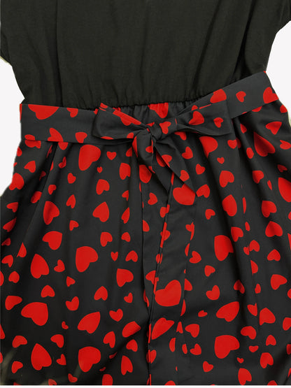 Plus Size Summer Round Neck Dress with Puff Sleeves, Short Sleeves, Ruffled Hem, Slim Waist and Medium-Length Fashionable Dress