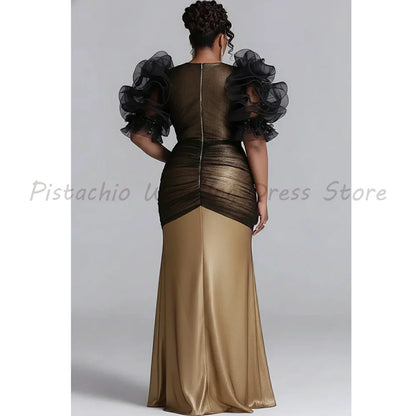 Plus Size Black and Gold Mermaid Evening Dress Luxury Ruffle Puff Sleeve Mesh Formal Prom Gown for Women