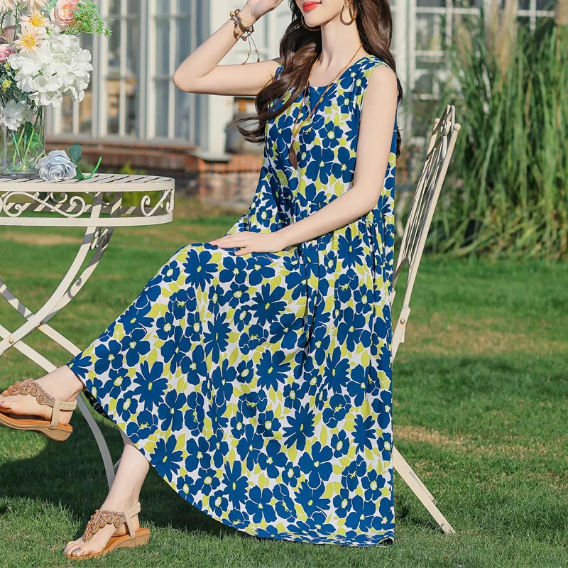 Plus Size Women Dress 2025 Summer Long Dress Vintage Loose Casual Elegant  Sleeveless Dress Women