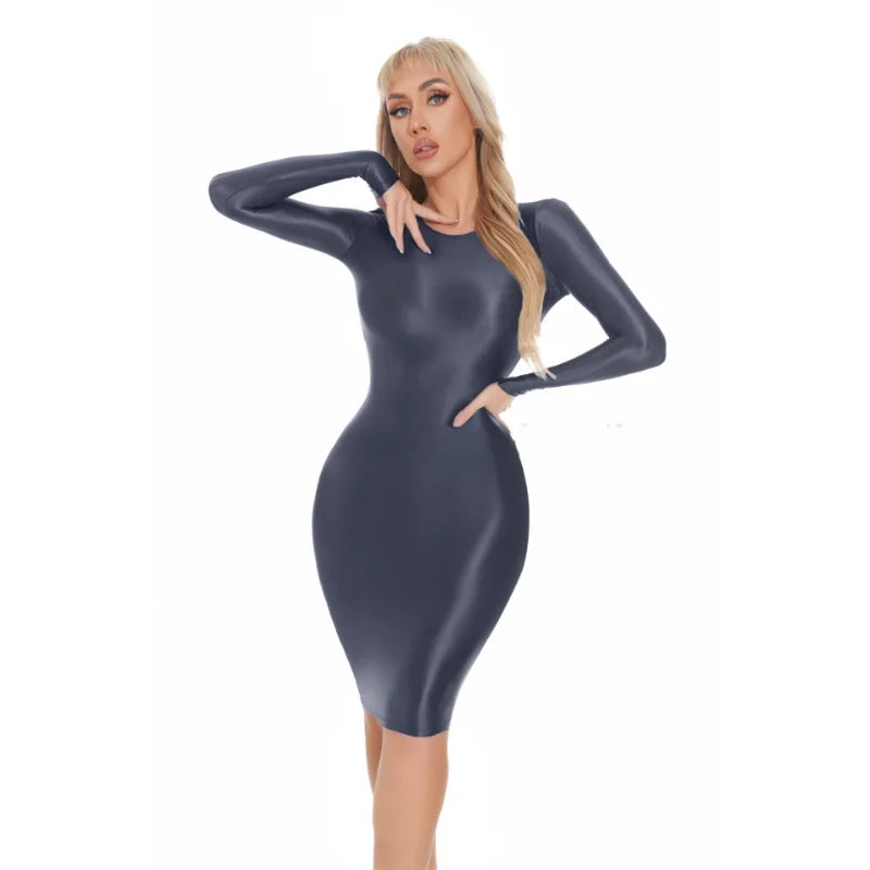 Women Sexy Bodycon Dresses Plus Size Glossy Tight Dress Professional Uniform Seductive See-Through Underwear Seamless Nightdress