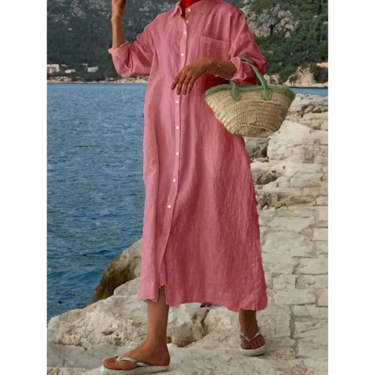 Women's L-5XL Plus Size Cotton Oversized Commuting Casual Solid Color Long Dress with A Lapel Collar Long Sleeves Loose Cardigan
