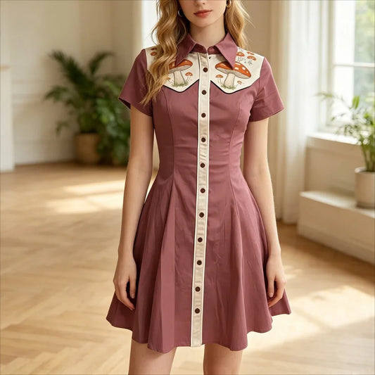 Women's Plus Size Cute Mushroom Print Lapel Collar Dress Button Down Slim Fit Casual Party Dress Cotton Soft Casual Dresses