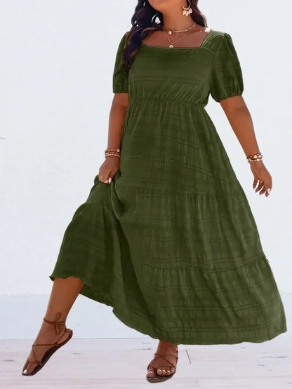 Plus Size 1XL-5XL New Women's Fashionable Square Neck Solid Color Dress Ladies Casual A-line Skirt Short Sleeved Long Dress