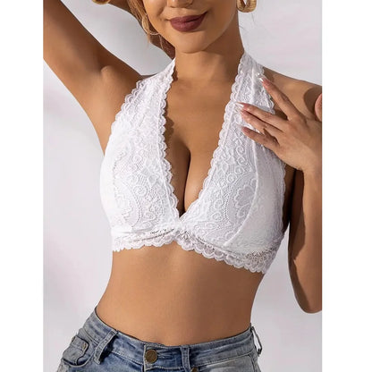Plus Size Sexy Floral Lace Backless Halter Bra Comfy & Breathable Deep V-neck Seamless Wire Free Bras Women Underwear