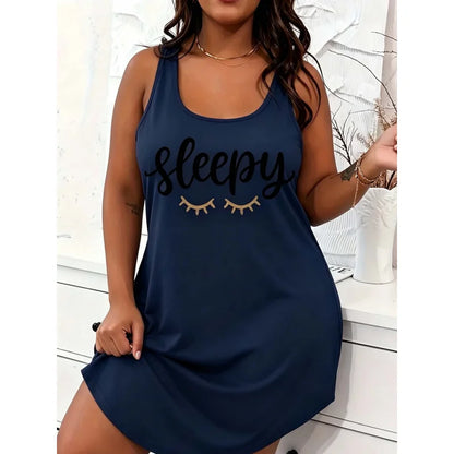 Plus-Size Women's Casual Sleepwear, Letter-Print Round Neck Curved Hem Straight Sleep Dress, Plus-Size Summer Cool Home Clothing